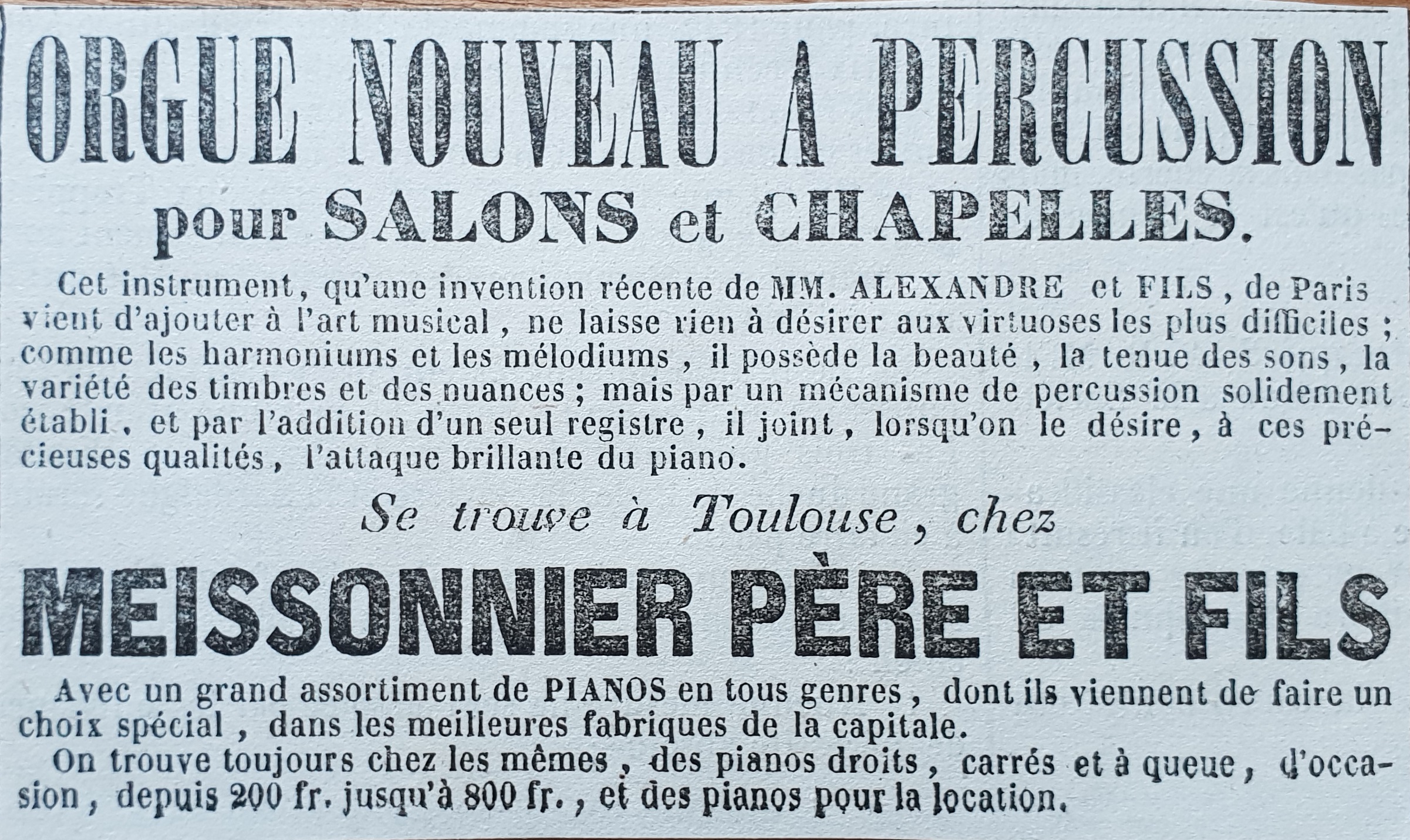 Publicité Meissonnier extraite du Journal de Toulouse du 6 décembre 1846